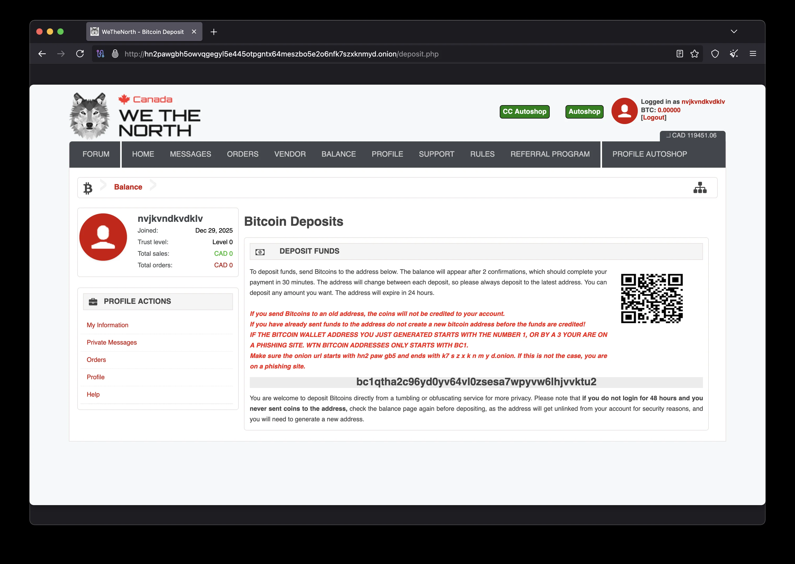 WeTheNorth Market user wallet balance dashboard showing BTC and XMR holdings with deposit and withdrawal options for WTN marketplace